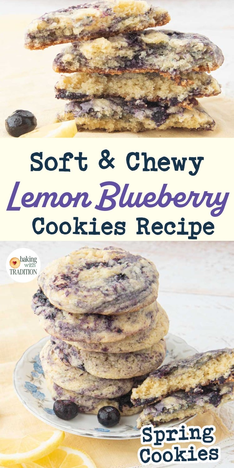 stack of lemon blueberry cookies whole and halves, text overlay