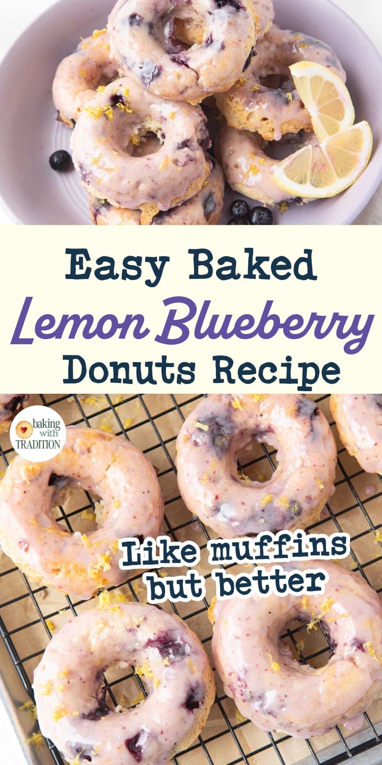 bowl of lemon blueberry donuts, lemon blueberry donuts on wire rack after glazing, text overlay