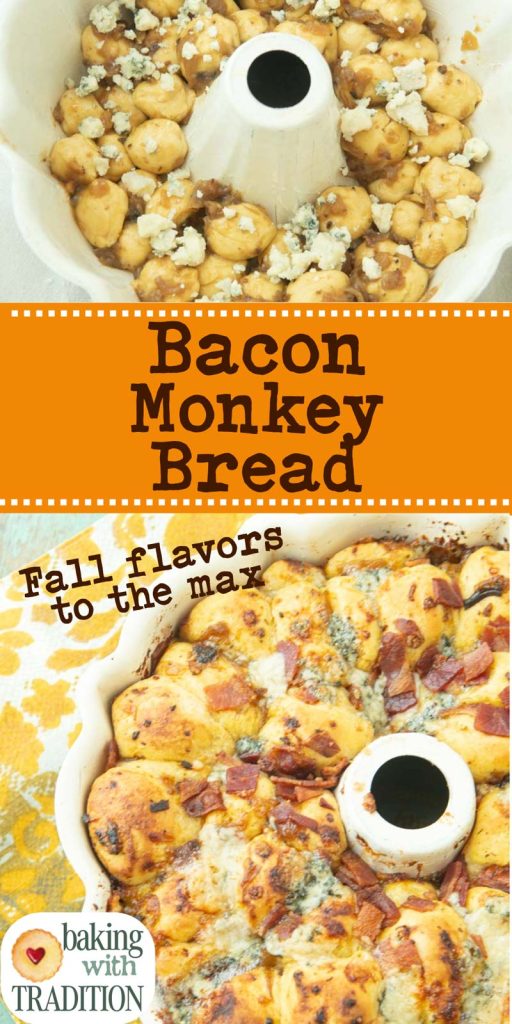 bundt pan with bacon monkey bread and text overlay
