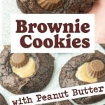 peanut butter brownie cookies on plate and closeup of brownie cookie with text overlay