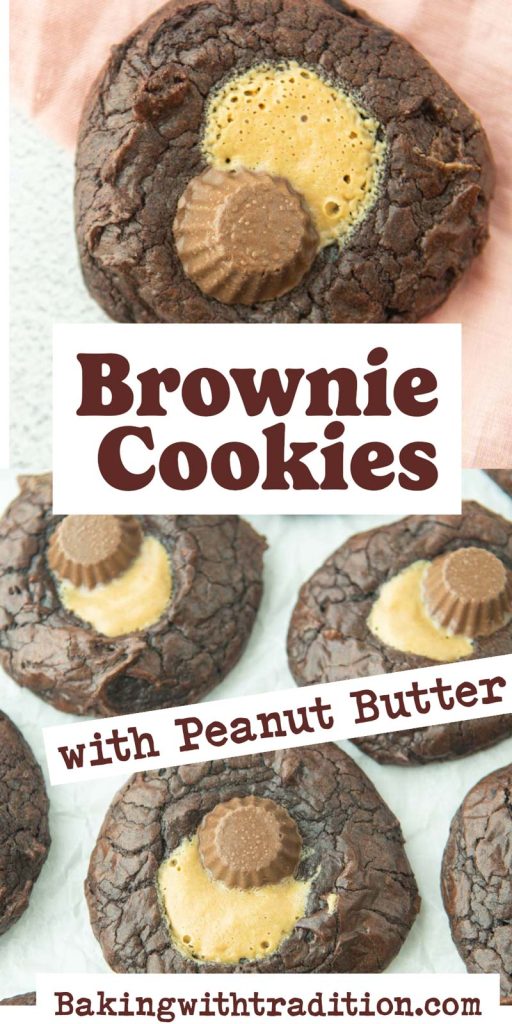 peanut butter brownie cookies on plate and closeup of brownie cookie with text overlay