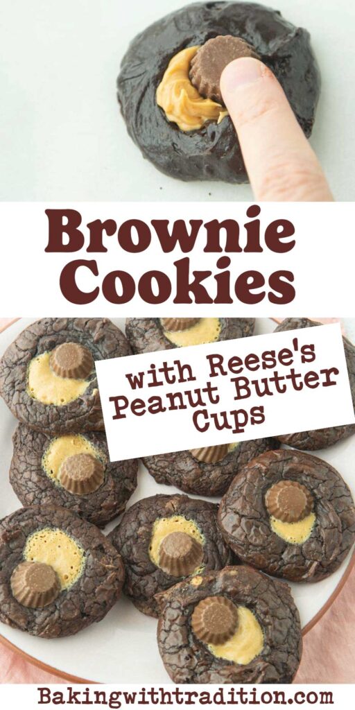 placing peanut butter cup on cookie, peanut butter brownie cookies, text overlay