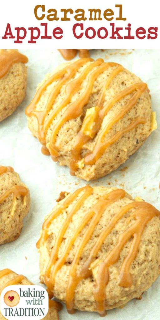 caramel apple cookies on tray with text overlay