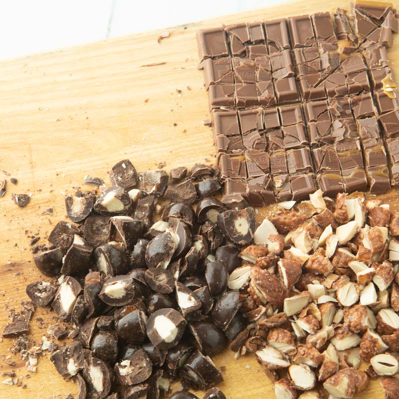 chopped chocolate, nuts and chocolate almonds