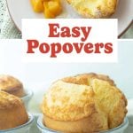 popovers in muffin cups, popovers on plate with peaches, text overlay