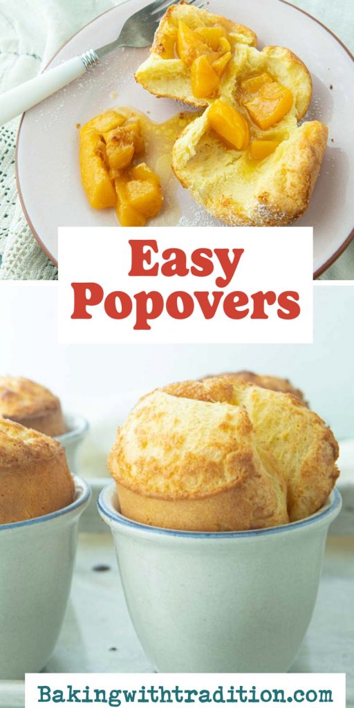 popover on plate with peaches, popovers in ceramic custard cups and text overlay