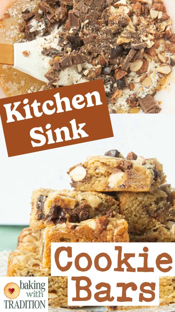 mixing flour into batter and stack of kitchen sink cookie bars on plate with text overlay