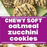 oatmeal zucchini cookies on green plate, closeup of zucchini cookie with chocolate stripes, text overlay