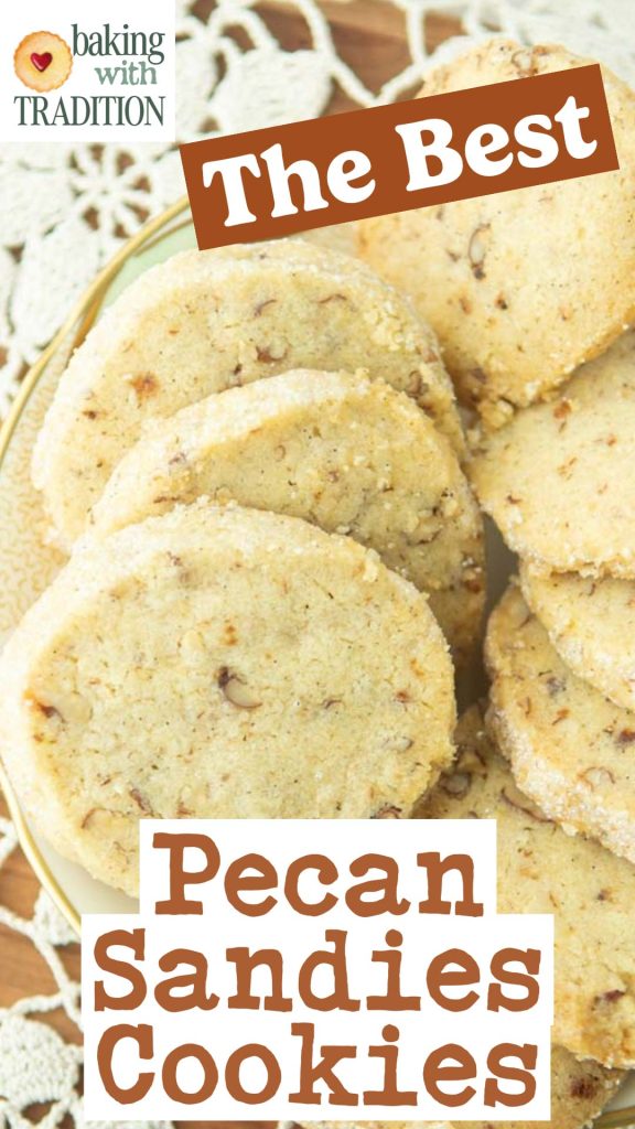 pecan sandies cookies on plate with text overlay