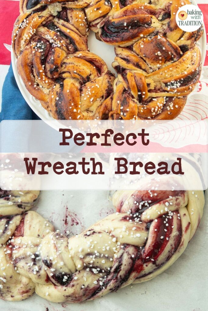 baked wreath bread, braided and filled hefekranz before baking, text overlay