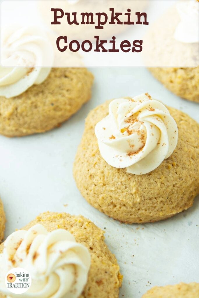 closeup of pumpkin cookies, text overlay