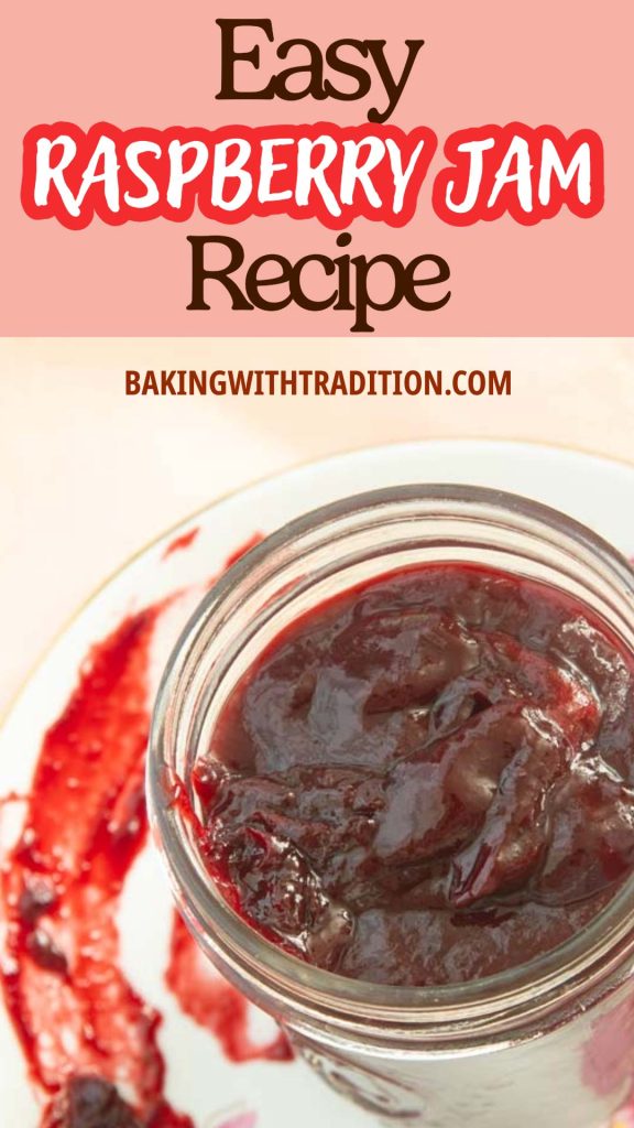 closeup of raspberry jam on plate with text overlay