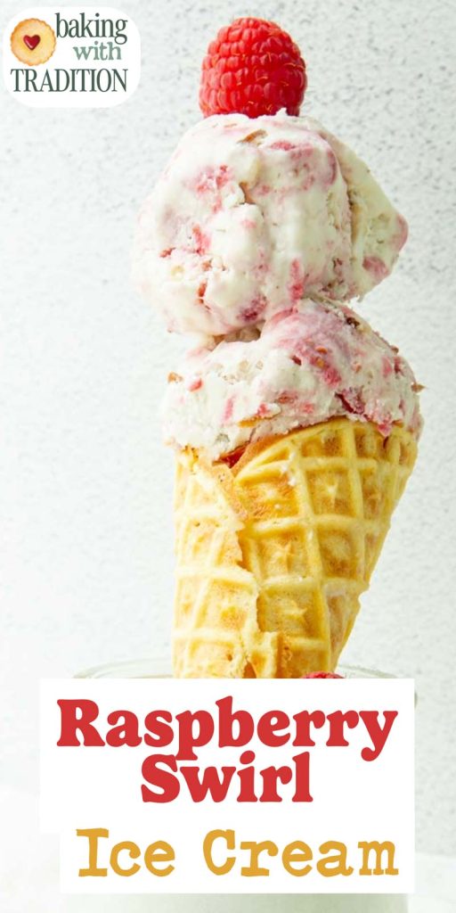 raspberry swirl ice cream in cone with raspberries and text overlay