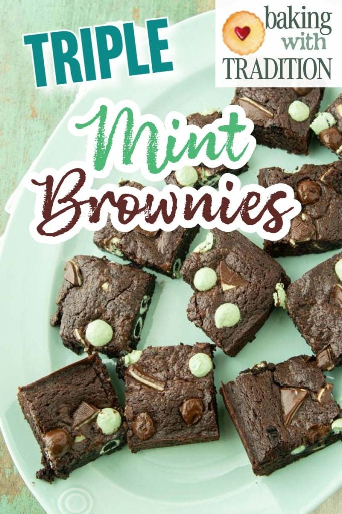 mint brownies on platter with text overlay