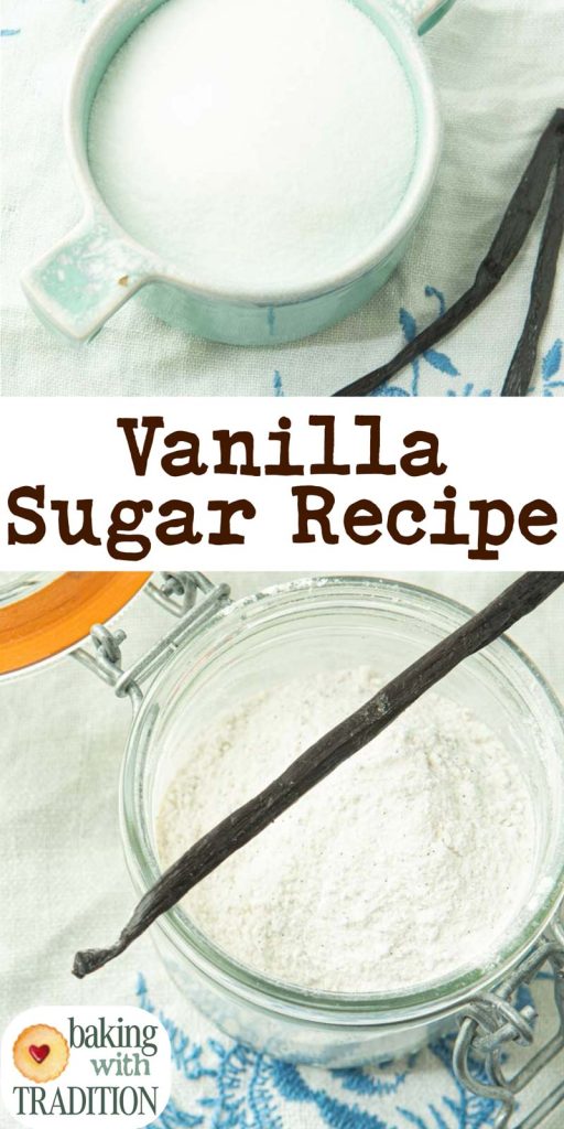 sugar and vanilla beans for, and homemade vanilla sugar in glass jar with vanilla bean with text overlay