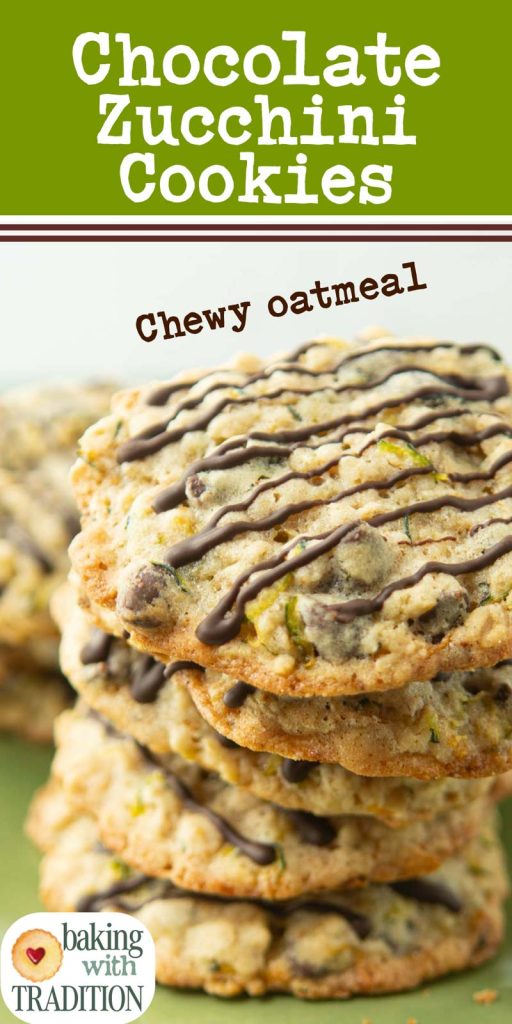 stack of zucchini cookies drizzled with chocolate with text overlay