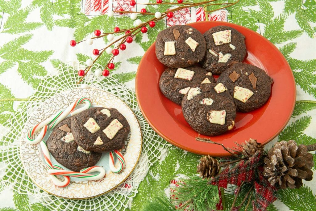 white chocolate peppermint brownie cookies on plates