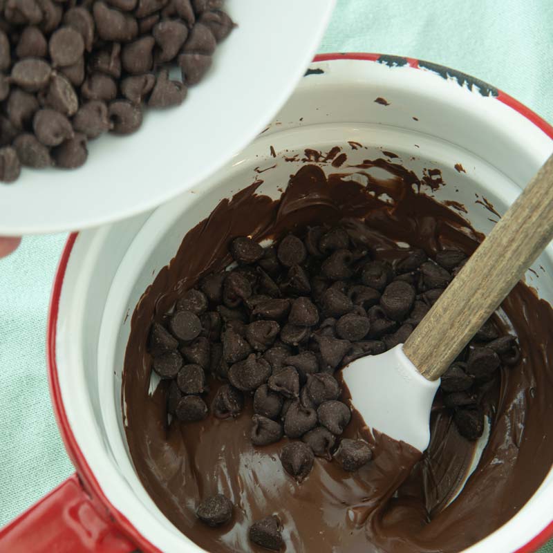 adding chocolate chips to melted chocolate