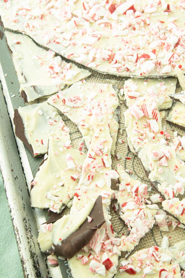 breaking up peppermint bark into pieces