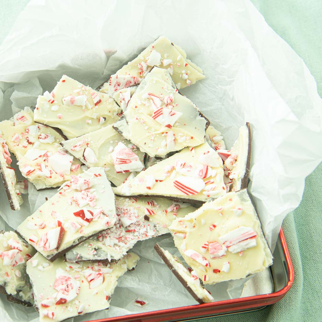 pieces of peppermint bark in tin