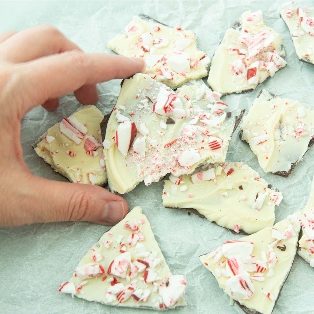 hand holding piece of peppermint bark among pieces of peppermint bark