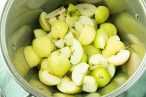 quartered apples in stock pot