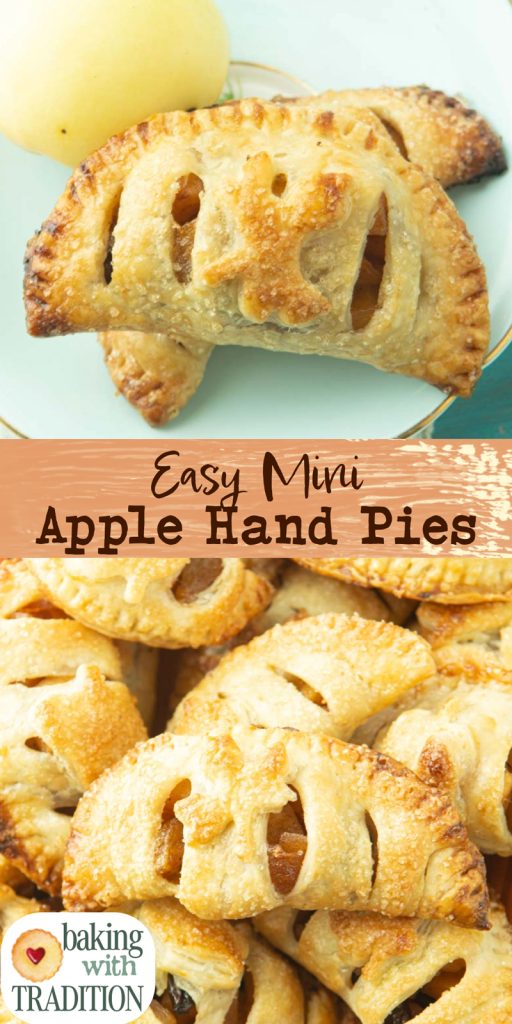 closeup of apple hand pies on plate with apple and stack of easy apple hand pies with text overlay