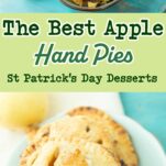 apple pie filling in bowl, apple hand pies on plate, text overlay