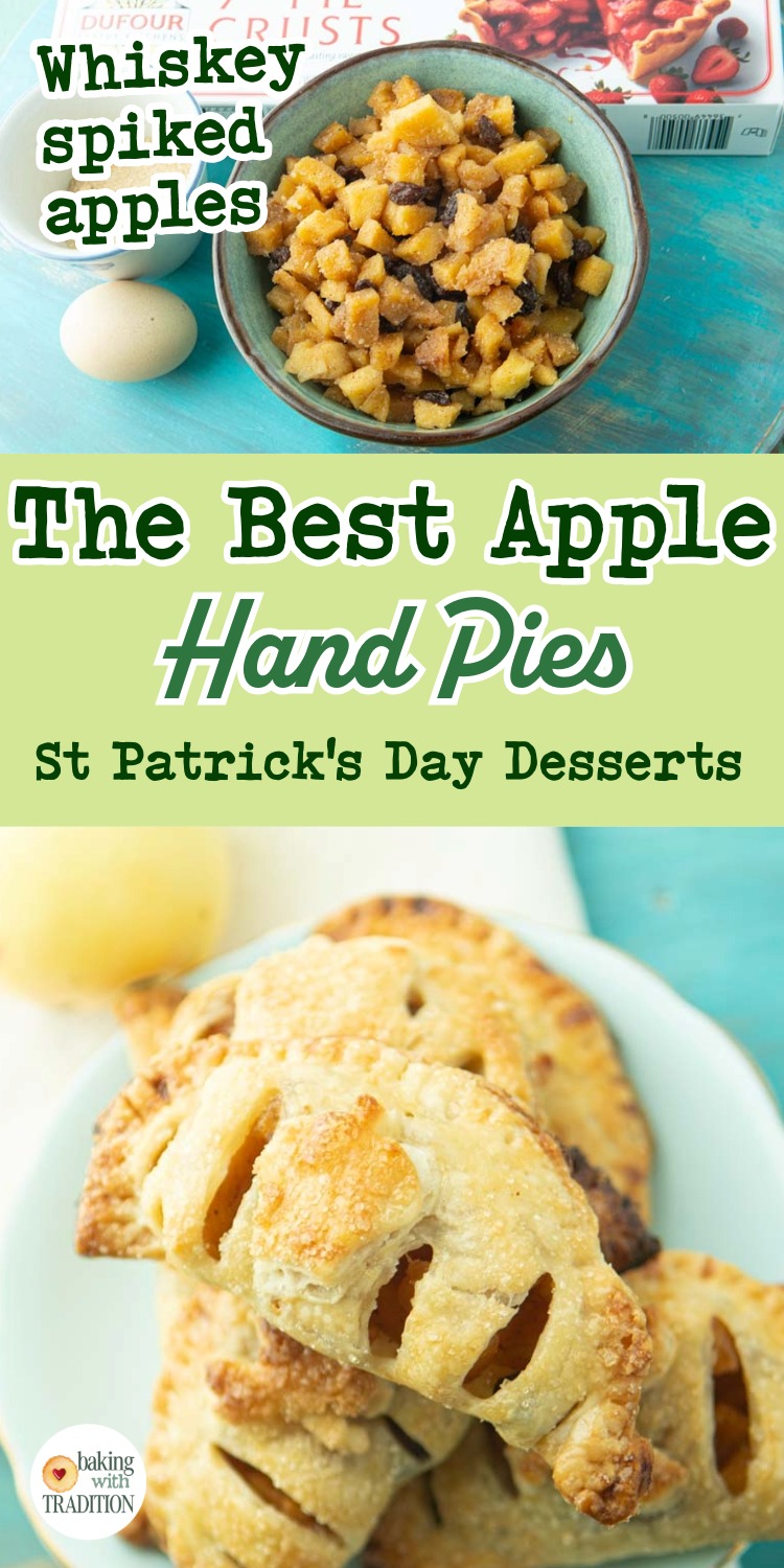 apple pie filling in bowl, apple hand pies on plate, text overlay