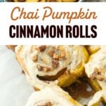 pumpkin cinnamon rolls before glazing, cream cheese and pecan covered pumpkin cinnamon rolls, text overlay