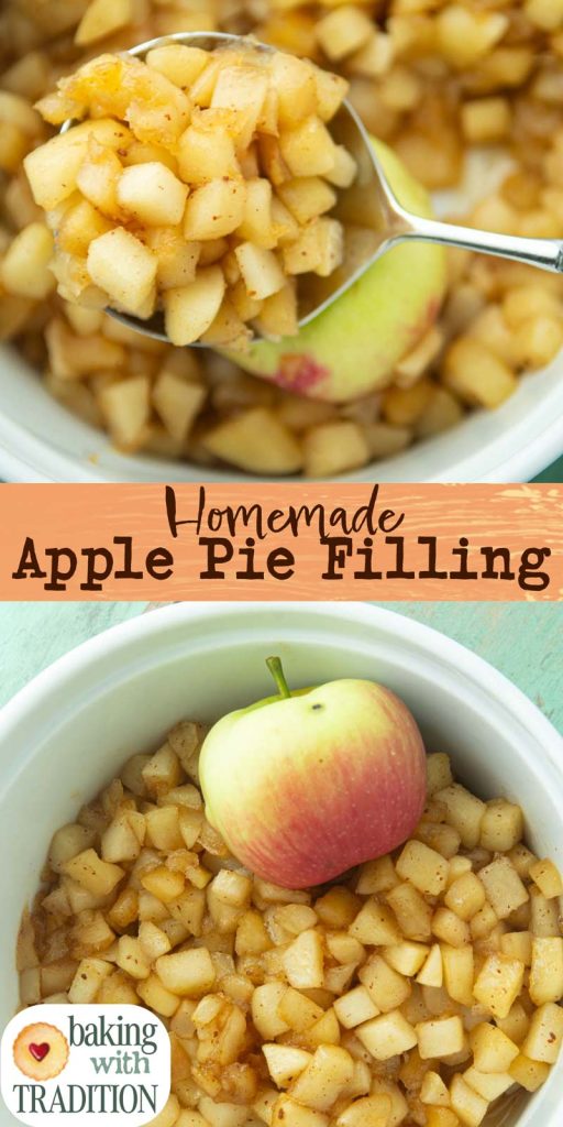 closeup of apple pie filling on spoon and homemade apple filling in bowl with apple and text overlay
