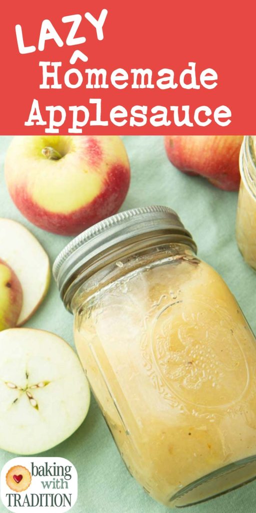 jar of homemade applesauce with apple pieces and text overlay