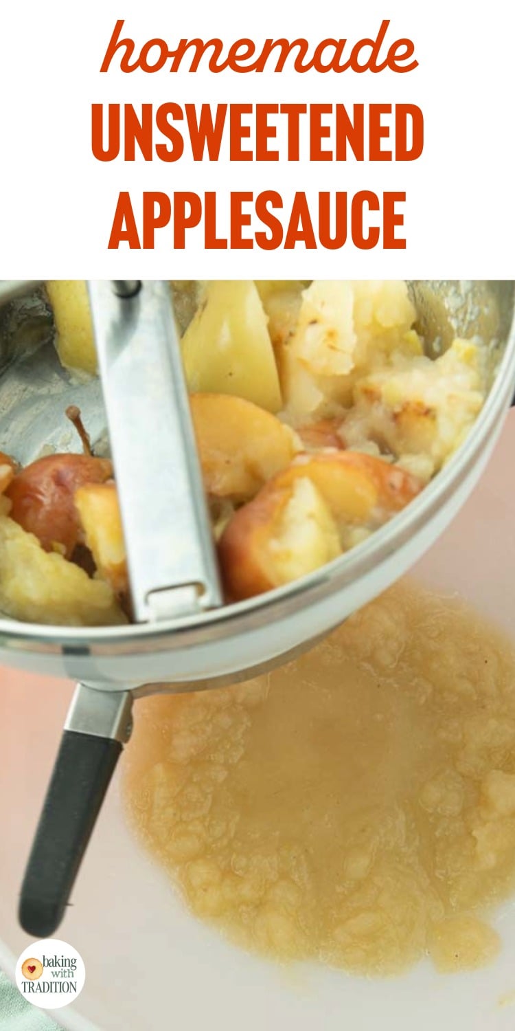 apples in food mill straining out applesauce, text overlay