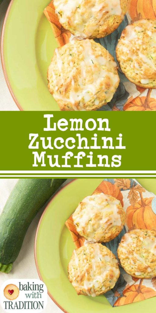 lemon zucchini muffins on plate with zucchini with text overlay