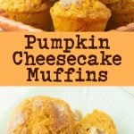 tower of pumpkin muffins and cross section of pumpkin muffins on plate with text overlay