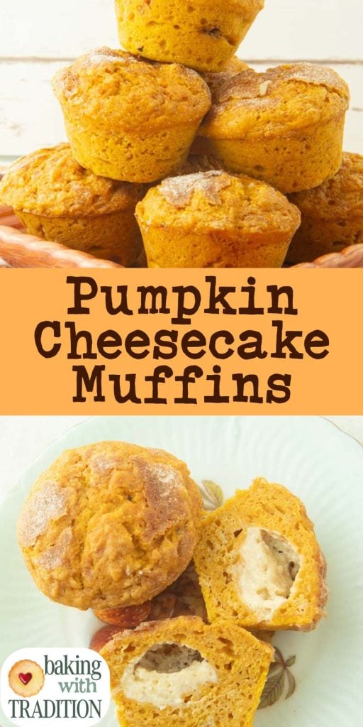 tower of pumpkin muffins and cross section of pumpkin muffins on plate with text overlay