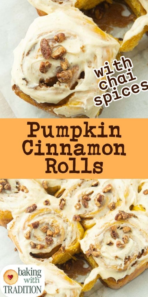 closeup of pumpkin cinnamon rolls and frosted pumpkin rolls with text overlay