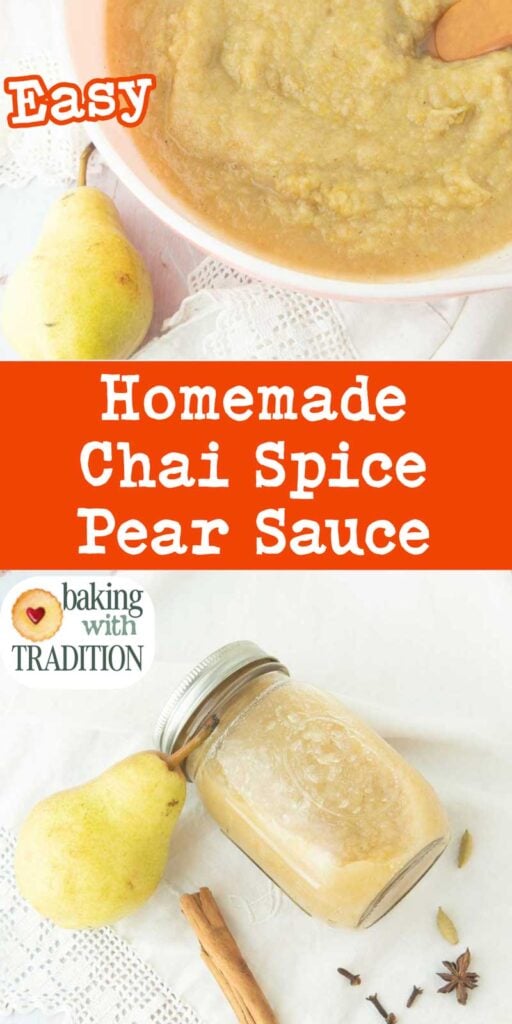 bowl of homemade pear sauce and jar of pear sauce with whole pears and spices with text overlay