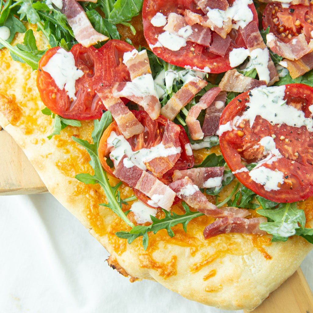 closeup of blt pizza