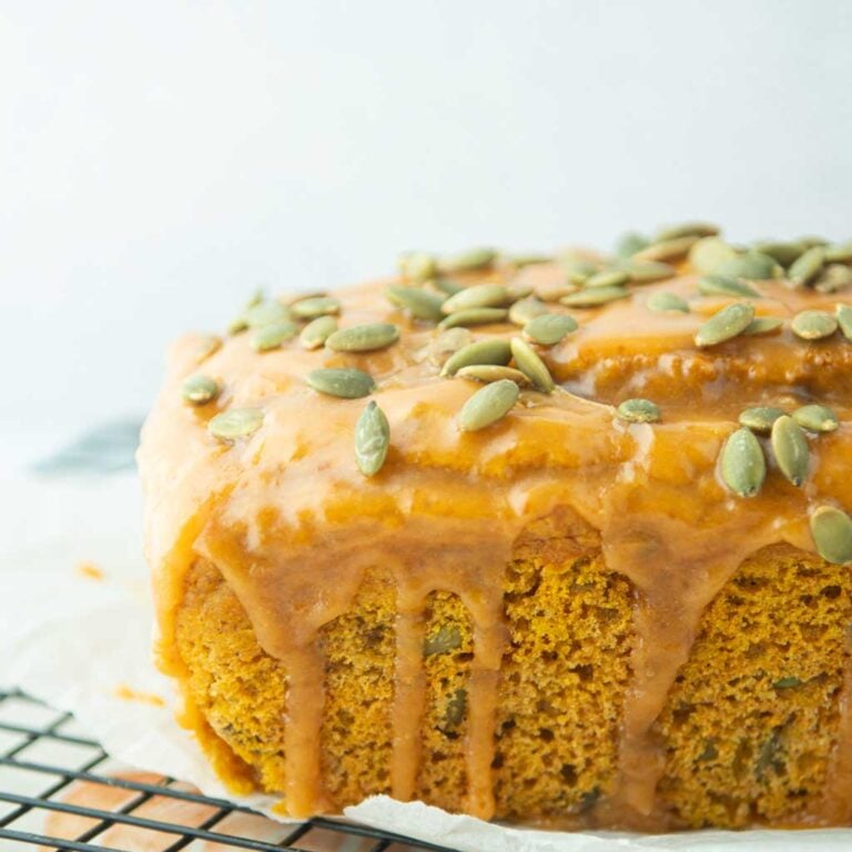 closeup of iced pumpkin bread