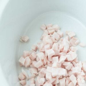 diced pork fat in bottom of slow cooker