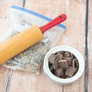 smashed Heath bars with rolling pin and Heath bar pieces