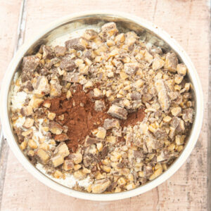 Heath bars, cocoa added to flour