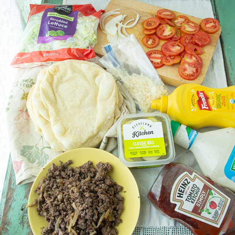 ingredients for cheeseburger pita pizzas