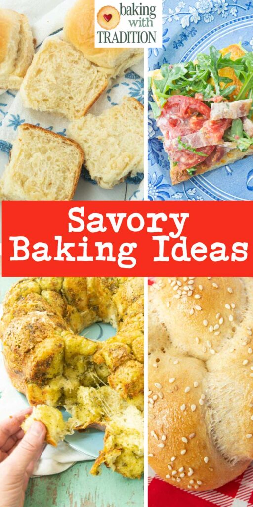 sliced homemade Hawaiian rolls, BLT pizza, pesto monkey bread, and homemade hamburger buns with text overlay
