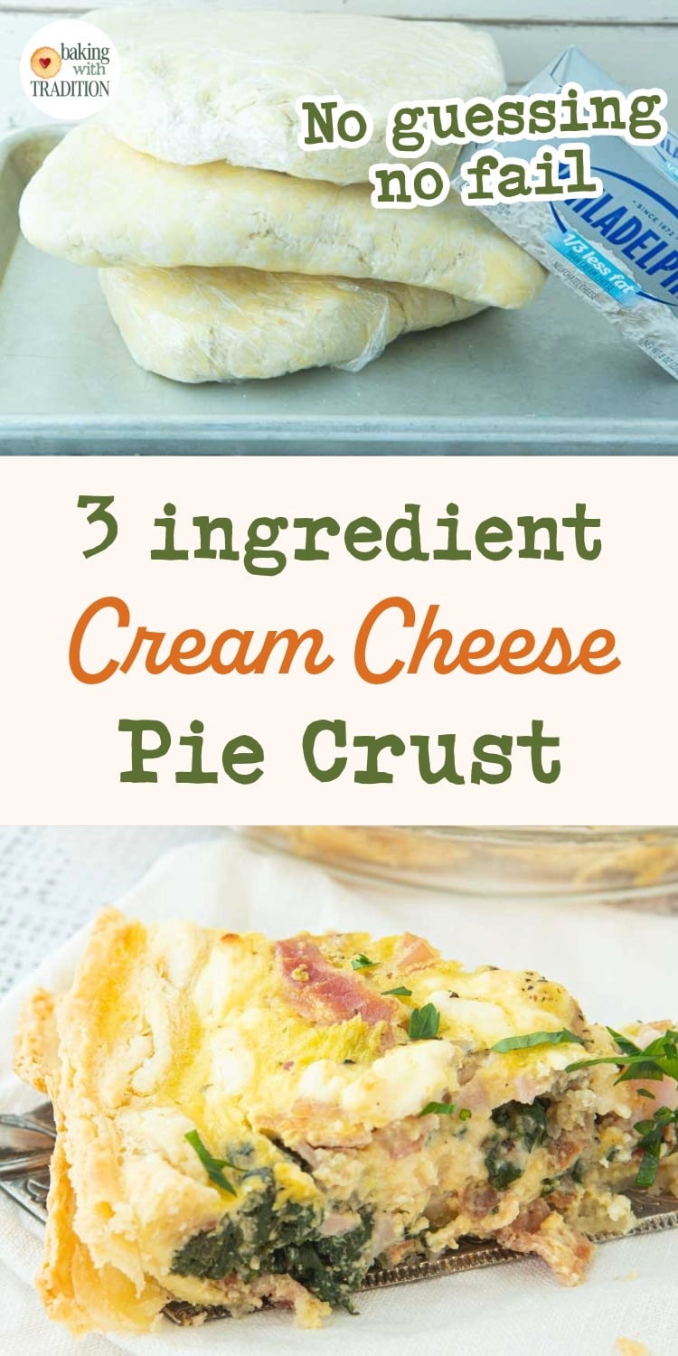 cream cheese pie crust rounds ready to chill, baked quiche with cream cheese pastry crust, text overlay