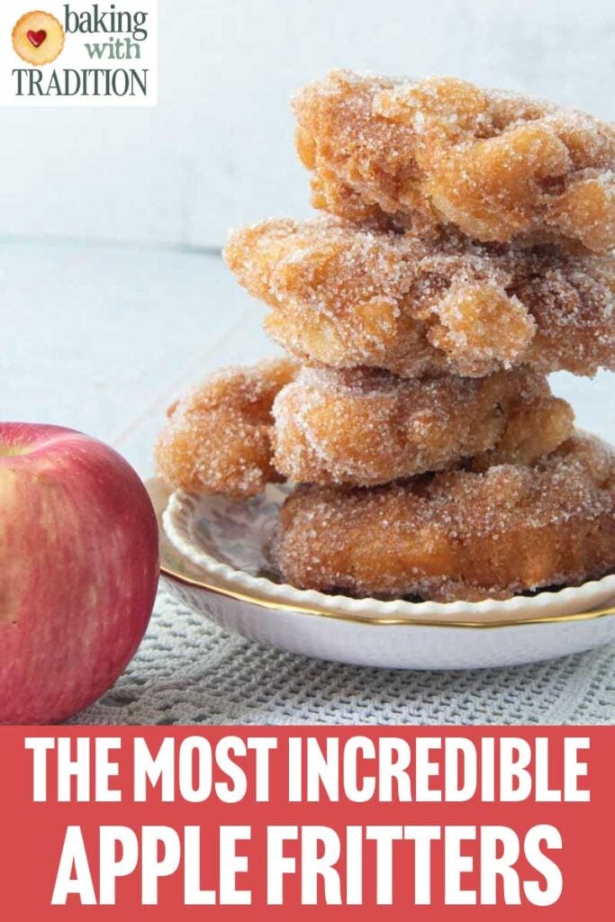 apple fritters stacked on plate with text overlay