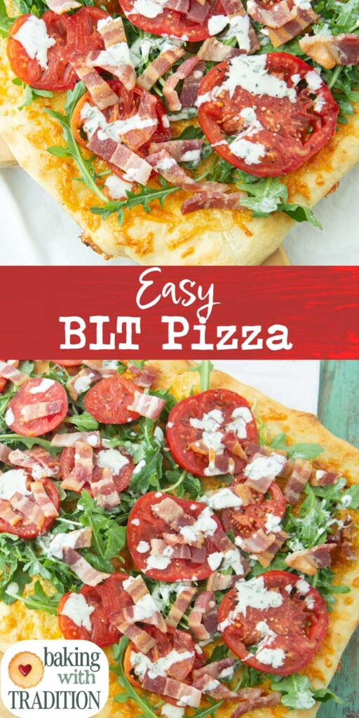 closeup of BLT pizza and wide shot of blt pizza with text overlay