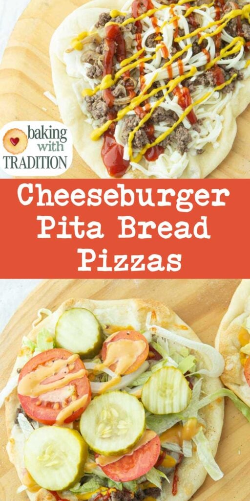 assembling cheeseburger pizza on pizza peel, finished cheeseburger pizza with text overlay