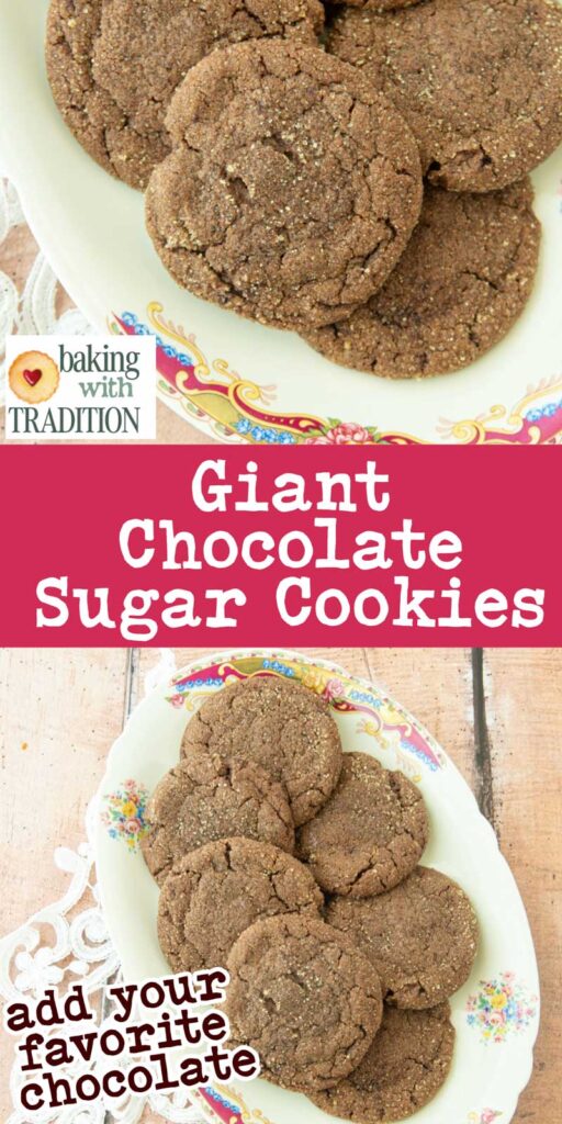 chocolate sugar cookies on plate and closeup of same cookies with text overlay